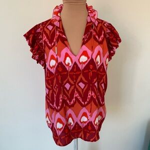 Feather & Find Ruffle Trim Tie V-Neck Red Multi Printed Rayon Paradiso Top EUC S